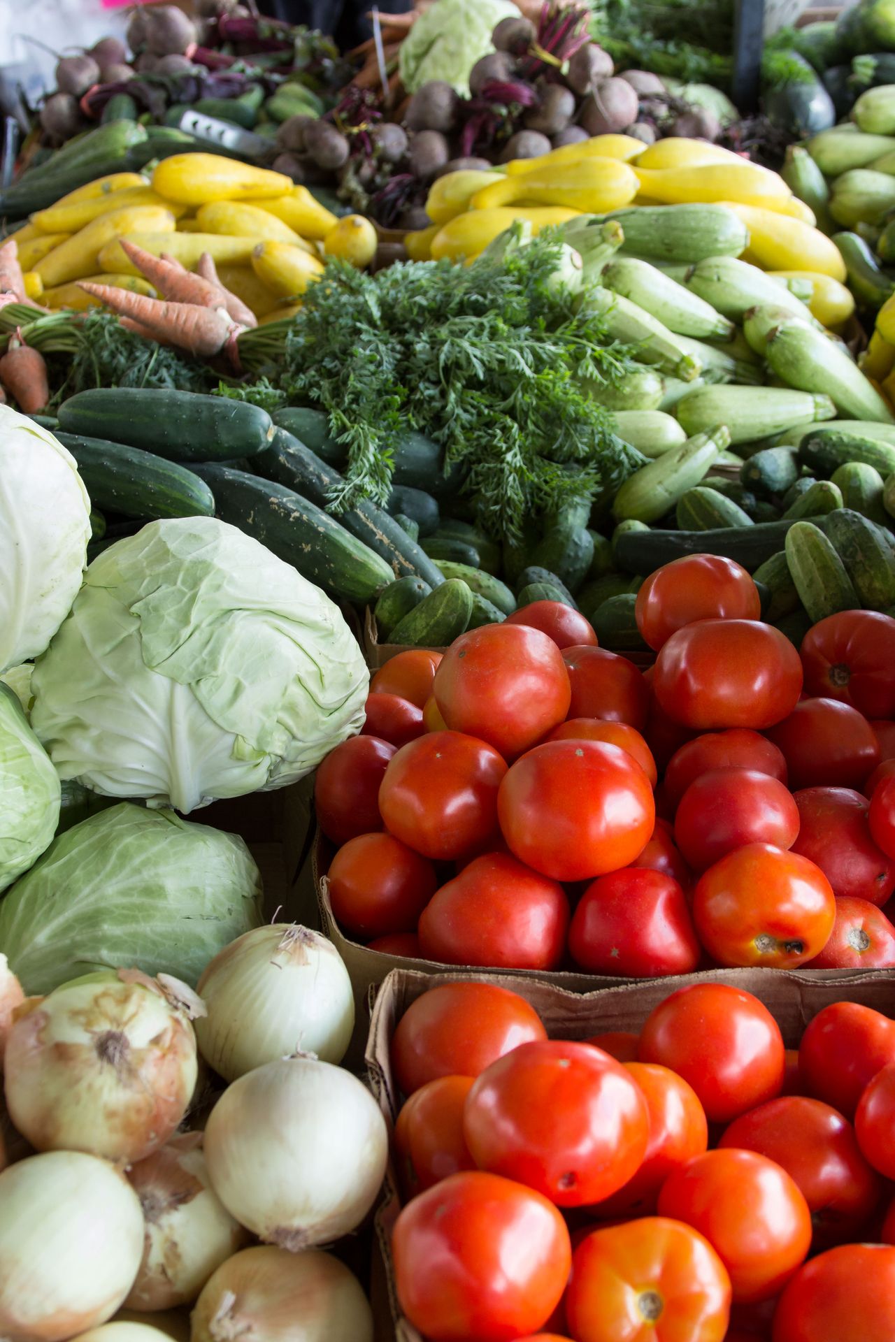 Productos agrícolas cosechados y organizados para su comercialización